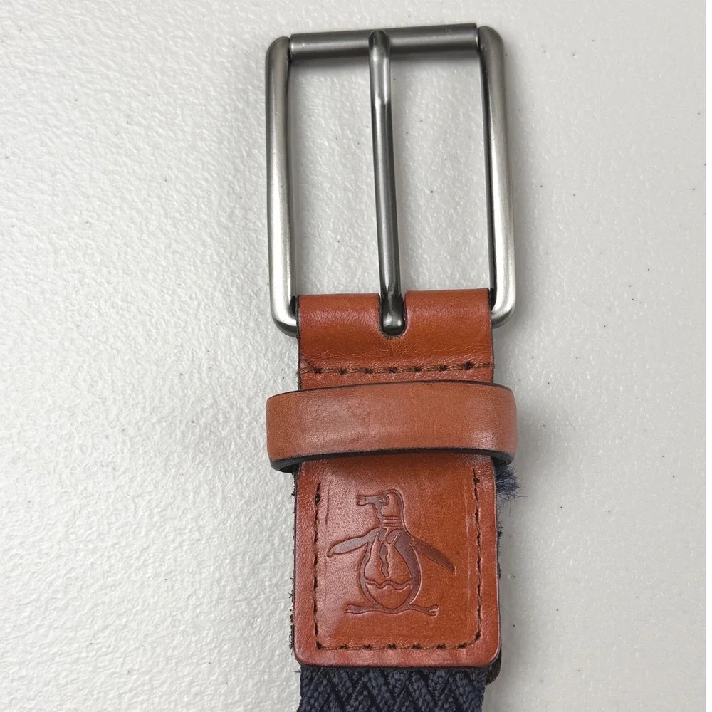 Original Penguin Mens Braided Elastic Belt Navy Blue Brown Leather HN86100 30-32